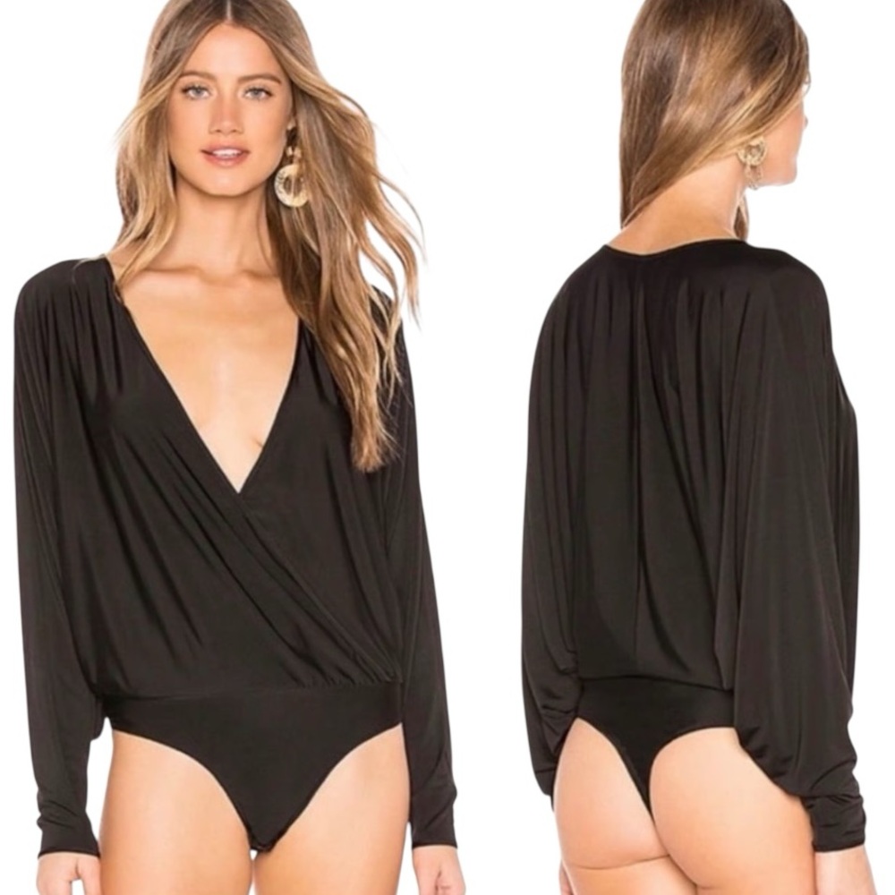 Free People Turnt Black Draped Plunging Faux Wrap Long Sleeve Thong Bodysuit - M